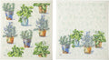 Panos de cozinha com estampas de plantas em vasos coloridos sobre fundo branco