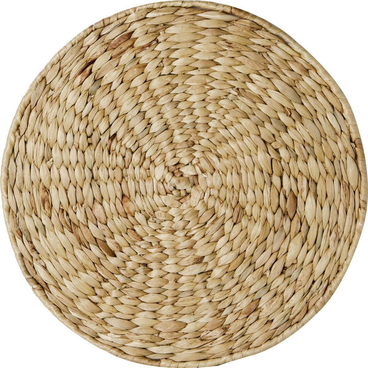 Tapete redondo de fibras naturais entrelaçadas bege e castanho