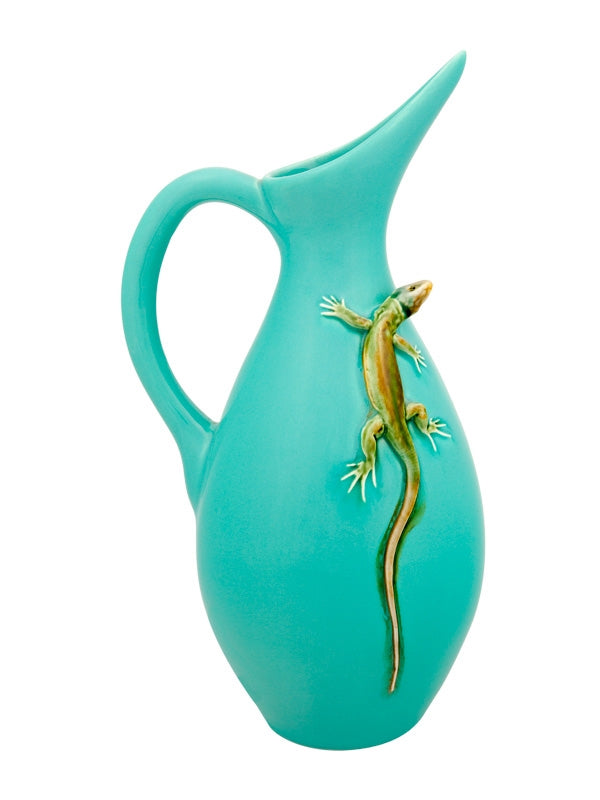 Jarro de cerâmica turquesa com lagarto decorativo em relevo