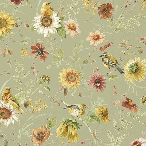 Papel de parede com padrão floral e pássaros amarelos em fundo verde-acinzentado