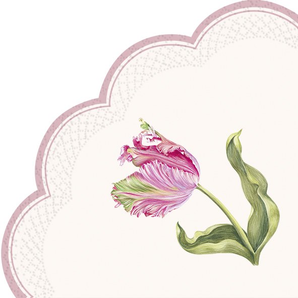 Guardanapo de papel com flor de tulipa rosa e verde e bordado rosa