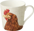 Caneca branca com imagem de galinha castanha