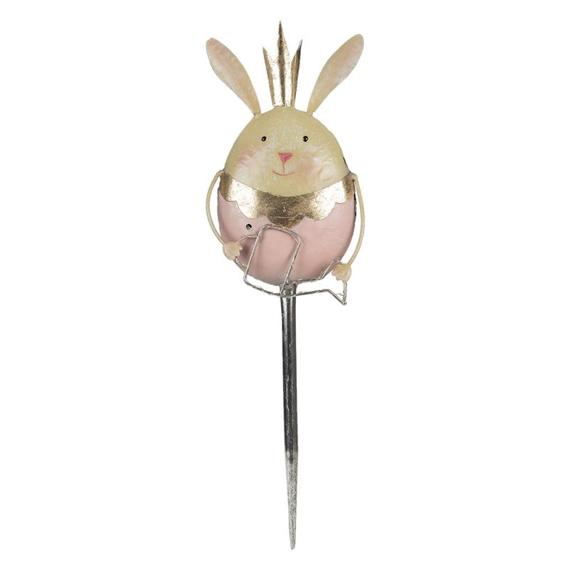 Pião decorativo em forma de coelho com cores rosa, amarelo e dourado