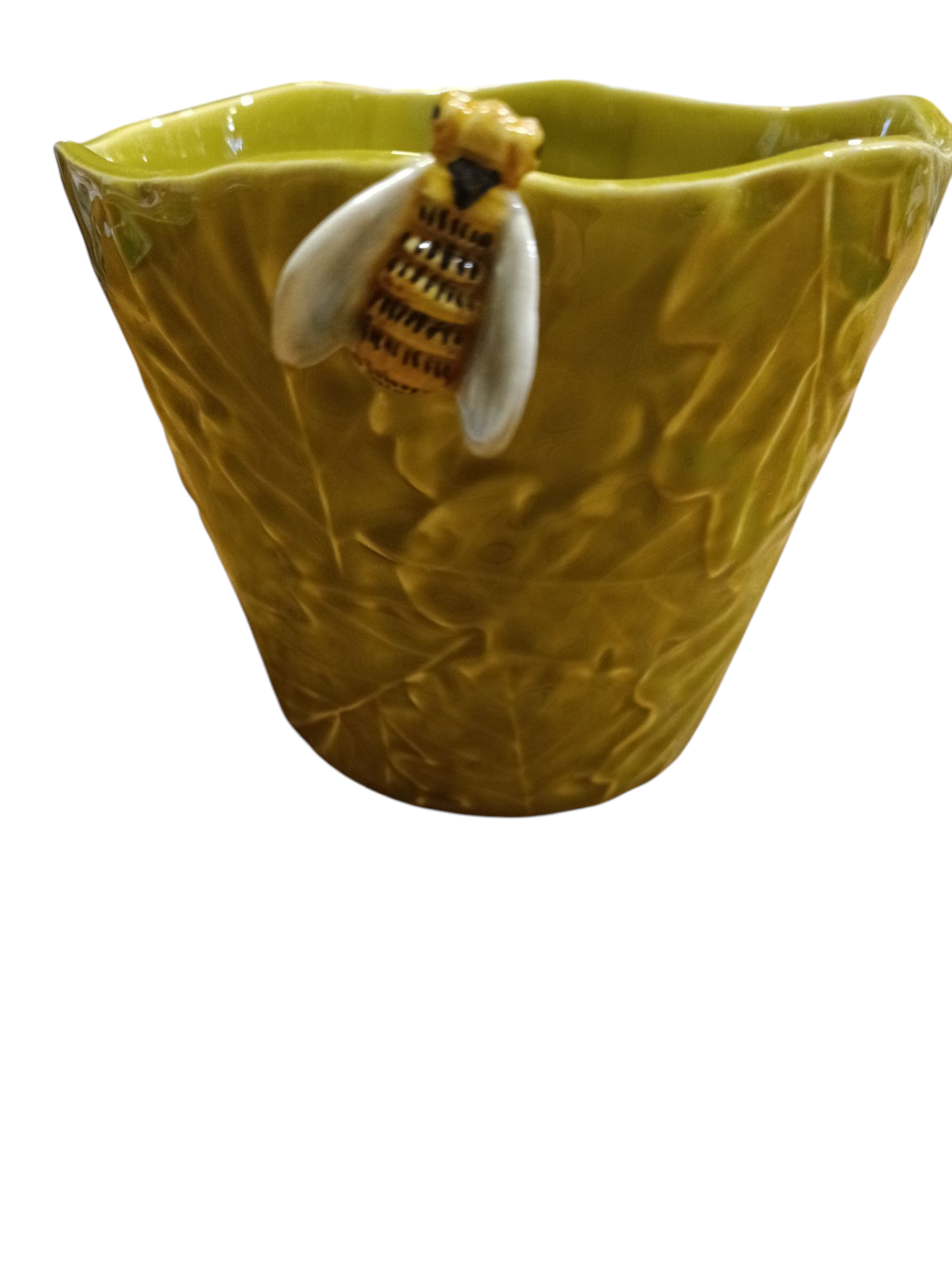 Vaso de cerâmica verde decorado com abelha em relevo