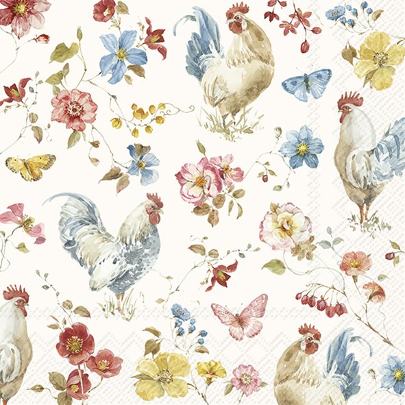 Padrão floral com galos, galinhas e borboletas em fundo branco