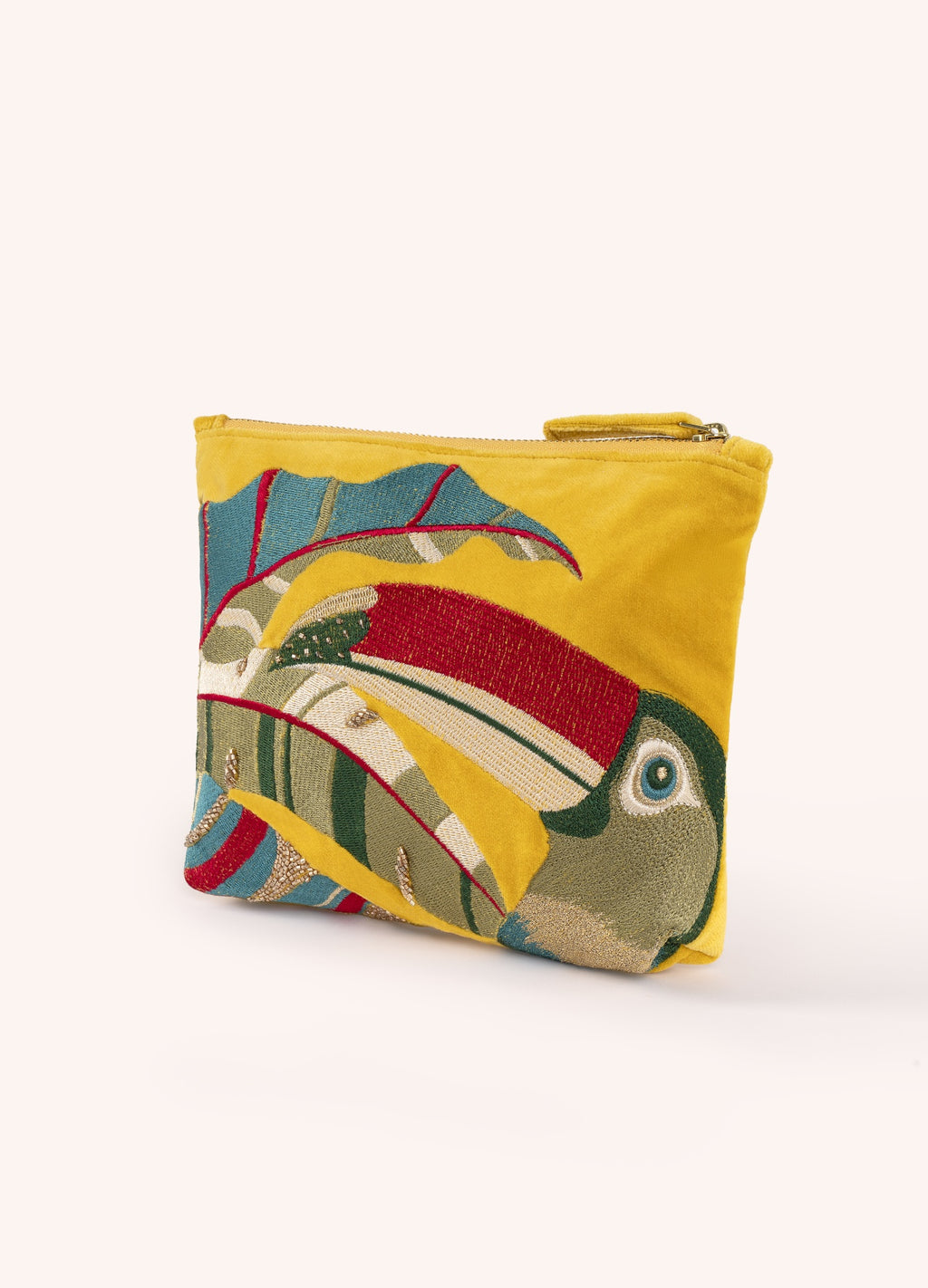 Carteira ou bolsa amarela com bordado colorido de pássaro