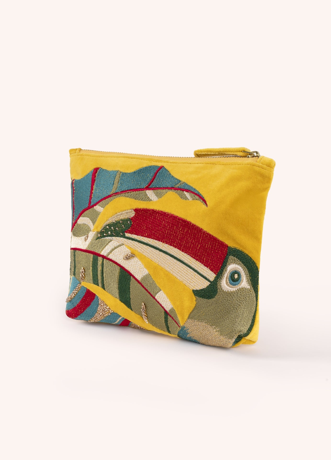 Carteira ou bolsa amarela com bordado colorido de pássaro