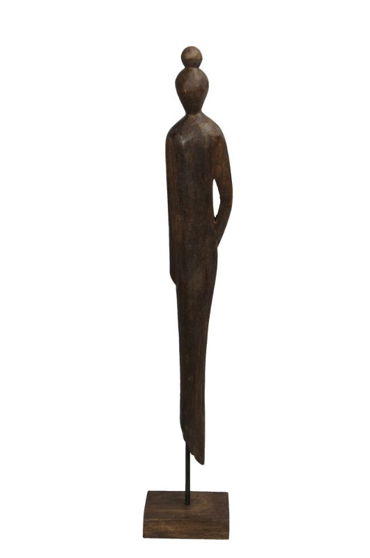 Escultura decorativa em madeira escura de figura humana estilizada