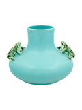Vaso azul turquesa com duas rãs verdes decorativas nas laterais