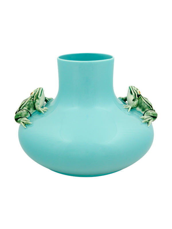 Vaso azul turquesa com duas rãs verdes decorativas nas laterais