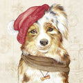 Ilustração de cão com gorro vermelho e cachecol castanho