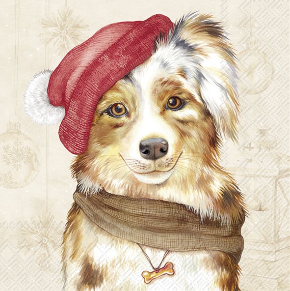 Ilustração de cão com gorro vermelho e cachecol castanho