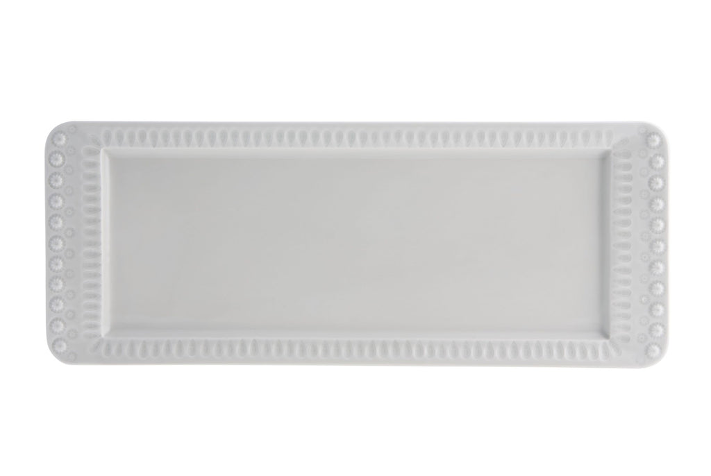 Tabuleiro retangular branco em cerâmica com borda decorativa