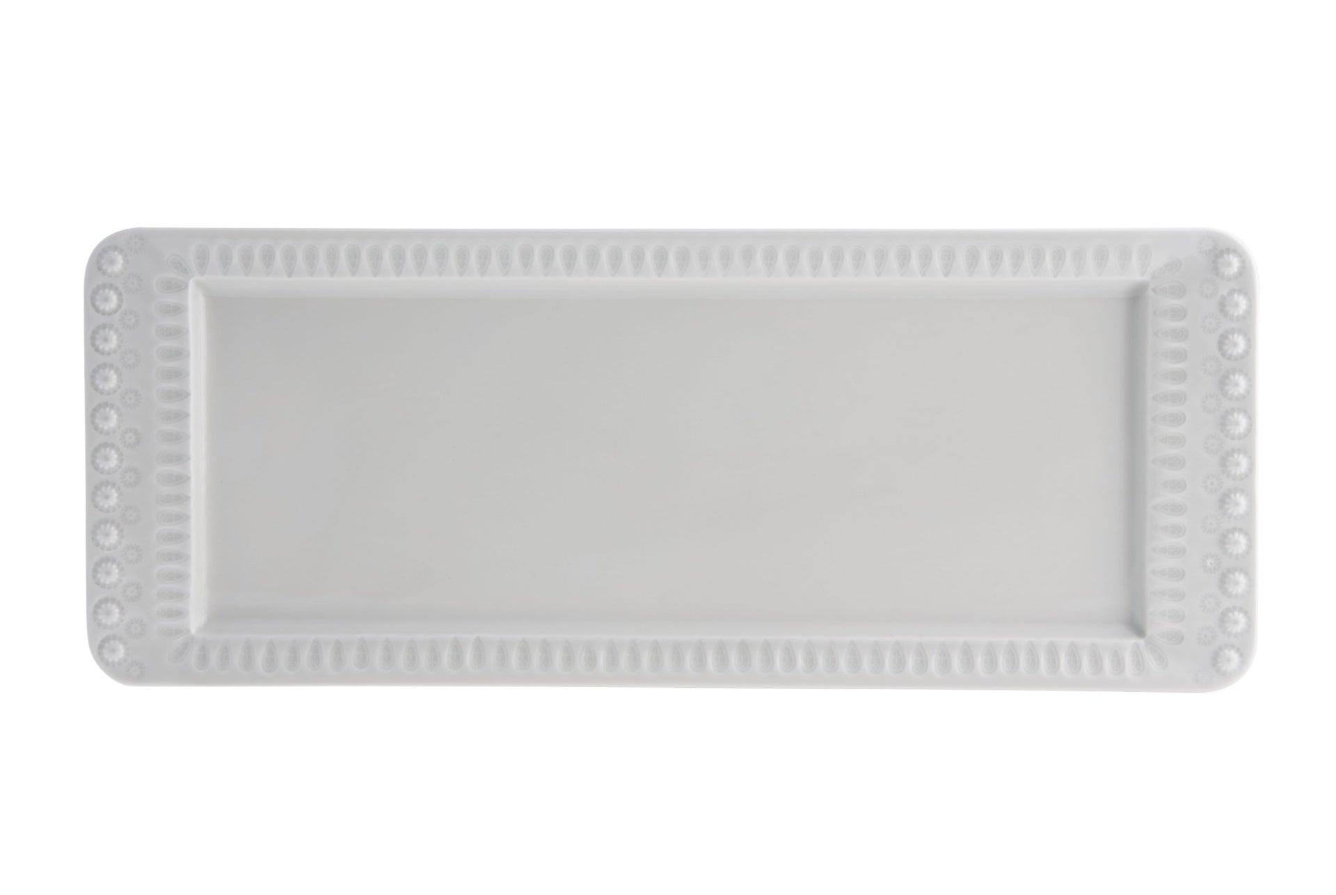 Tabuleiro retangular branco em cerâmica com borda decorativa