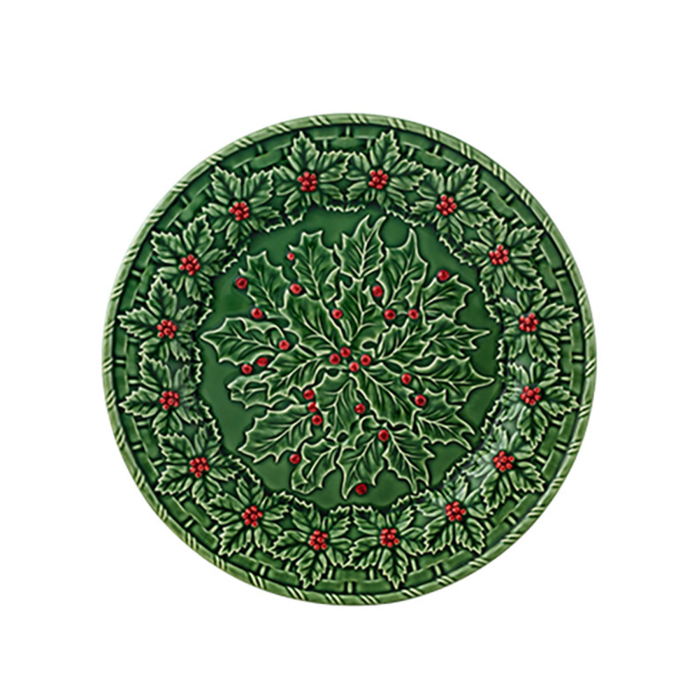 Prato decorativo verde com folhas e frutos vermelhos em relevo