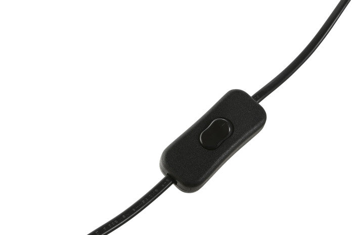 Cabo preto com interruptor deslizante retangular preto em fundo branco