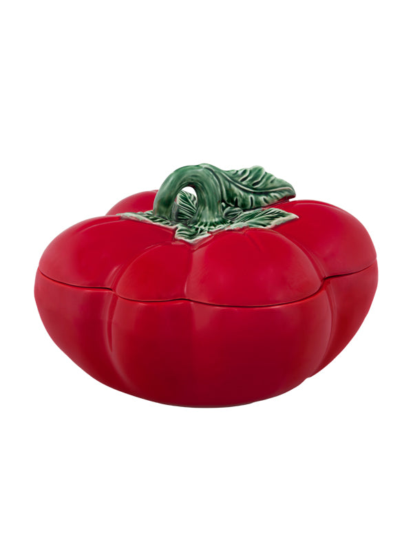 Caixa decorativa vermelha em forma de tomate com tampa detalhada verde
