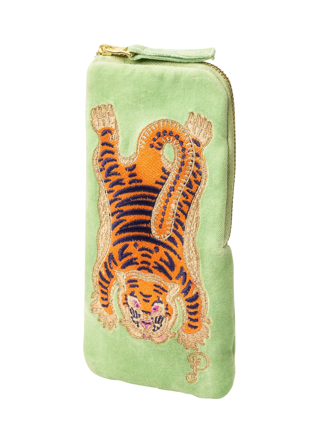Estojo verde claro com bordado de tigre e fecho dourado