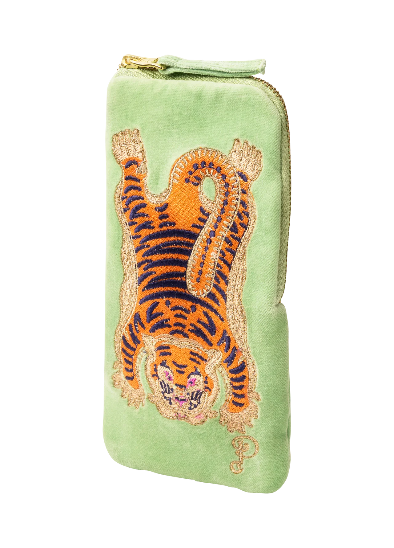 Estojo verde claro com bordado de tigre e fecho dourado