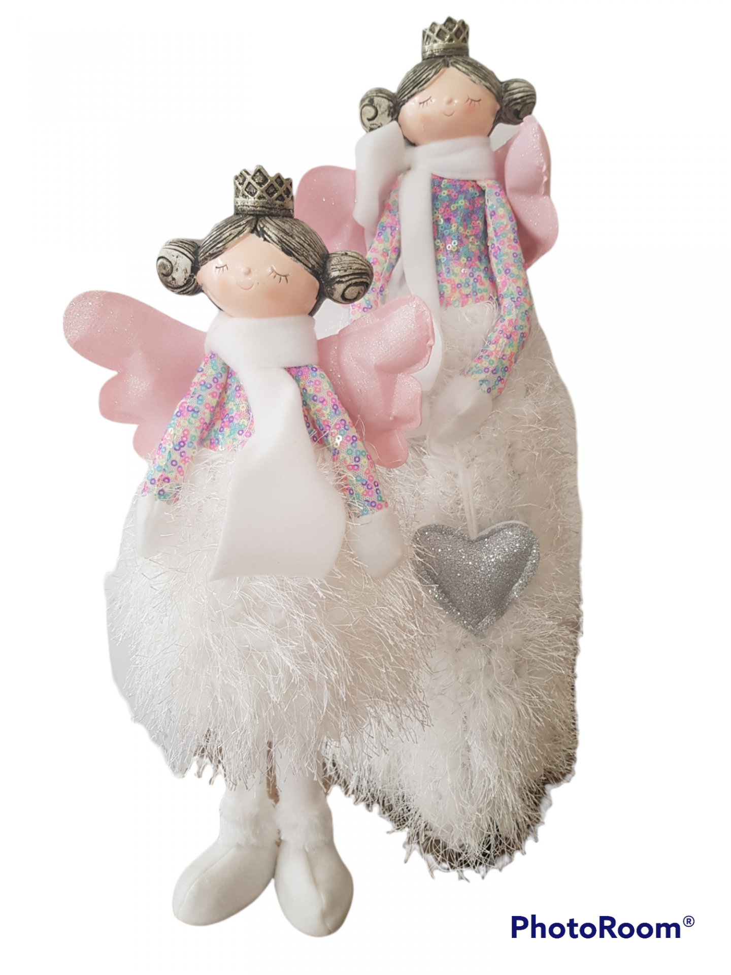 Figuras decorativas de anjos rosa e branco com coroa dourada