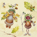 Figuras de bolotas e castanhas com folhas e raminhos em fundo bege.