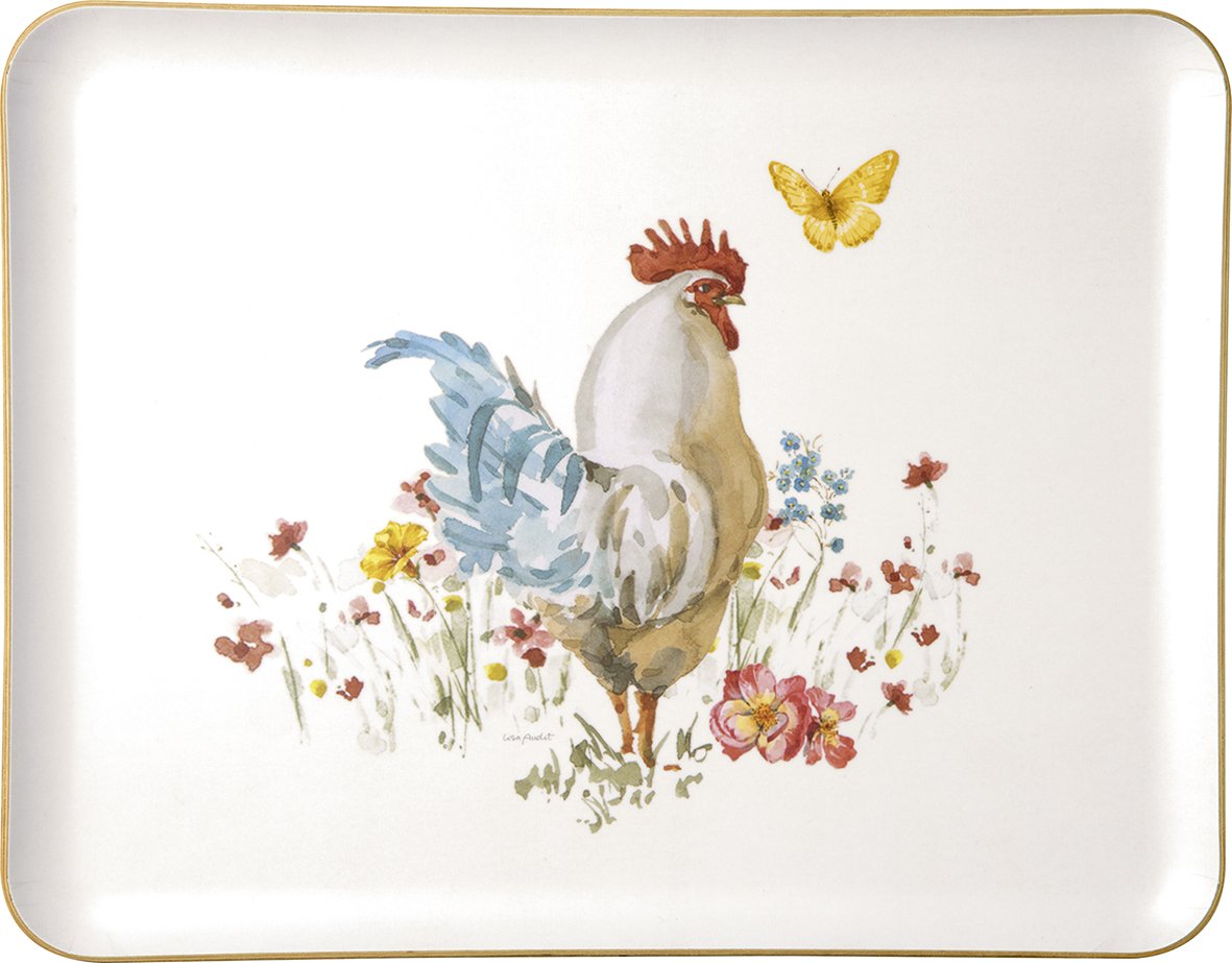 Tabuleiro branco com galo, flores e borboleta desenhados