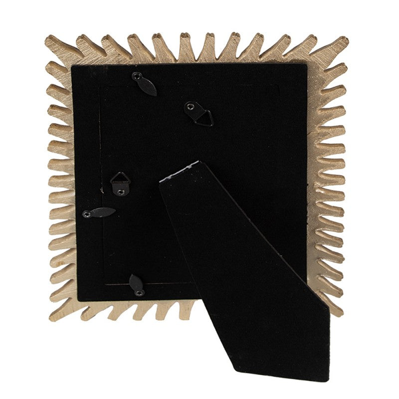 Moldura quadrada com borda dourada e verso preto com suporte