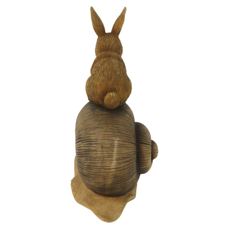 Escultura de caracol com coelho em resina castanha