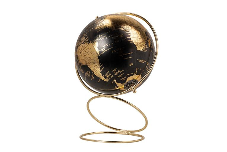 Globo terrestre decorativo preto e dourado com suporte metálico espiral dourado