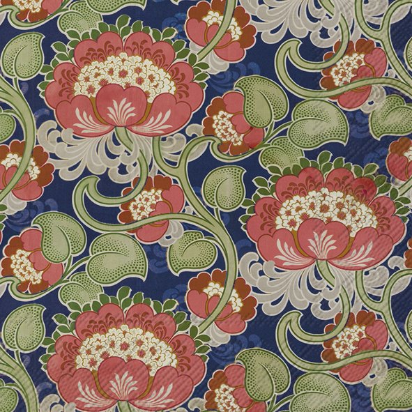 Tecido com padrão floral colorido em fundo azul escuro