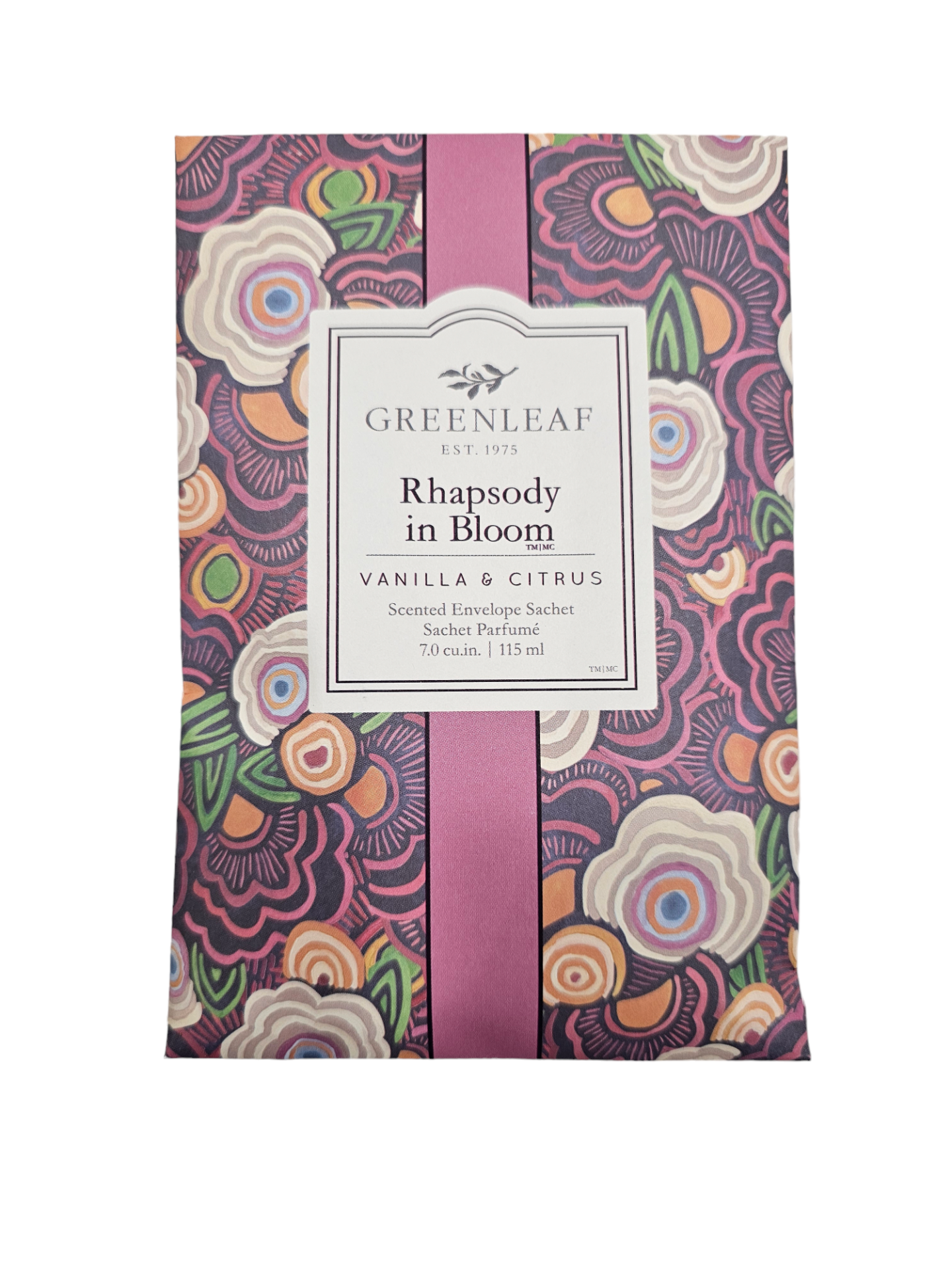 Pacote de sachê perfumado Greenleaf com padrão floral e faixa rosa