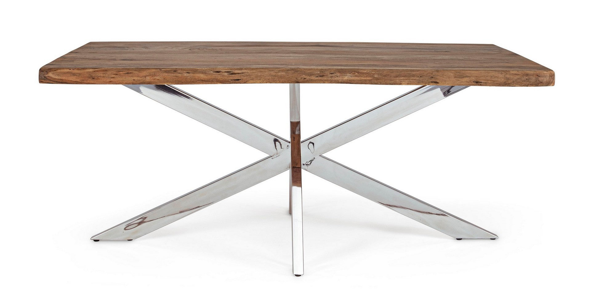 Mesa de centro madeira com base metálica prateada em fundo branco