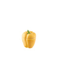 Recipiente cerâmico amarelo em forma de pimento com tampa.