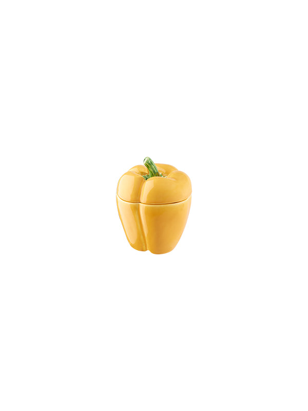 Recipiente cerâmico amarelo em forma de pimento com tampa.