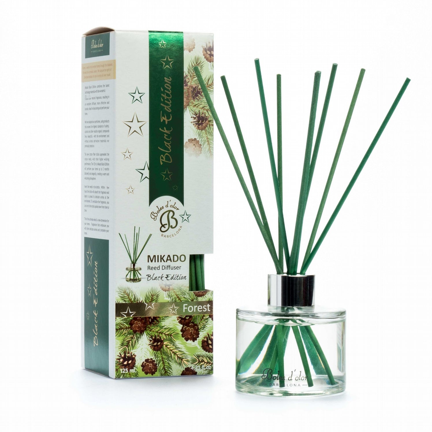 Difusor Mikado Black Edition com vareta verde e embalagem temática de floresta.