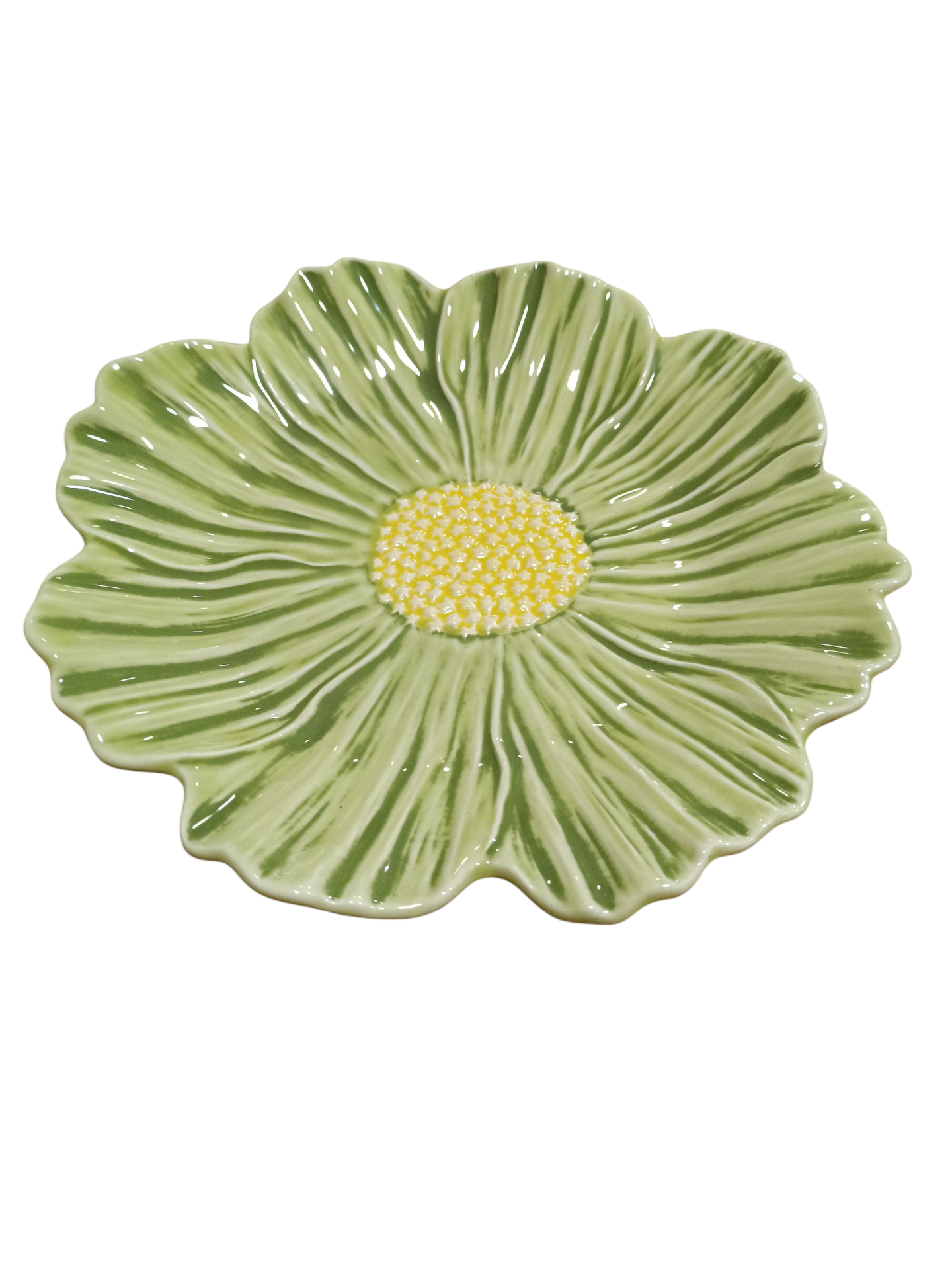Prato decorativo em cerâmica verde em forma de flor com centro amarelo