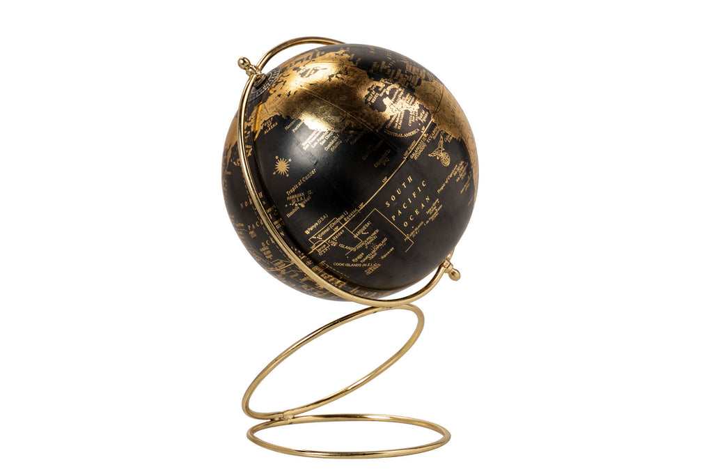 Globo terrestre preto e dourado com base metálica dourada