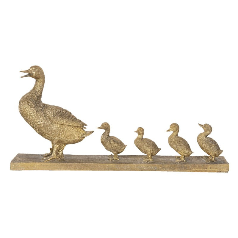Escultura dourada de pato e patinhos em metal sobre base