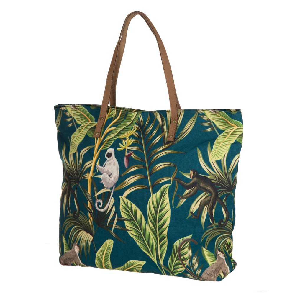 Mala tote com estampa de folhas verdes e macacos, alças marrons