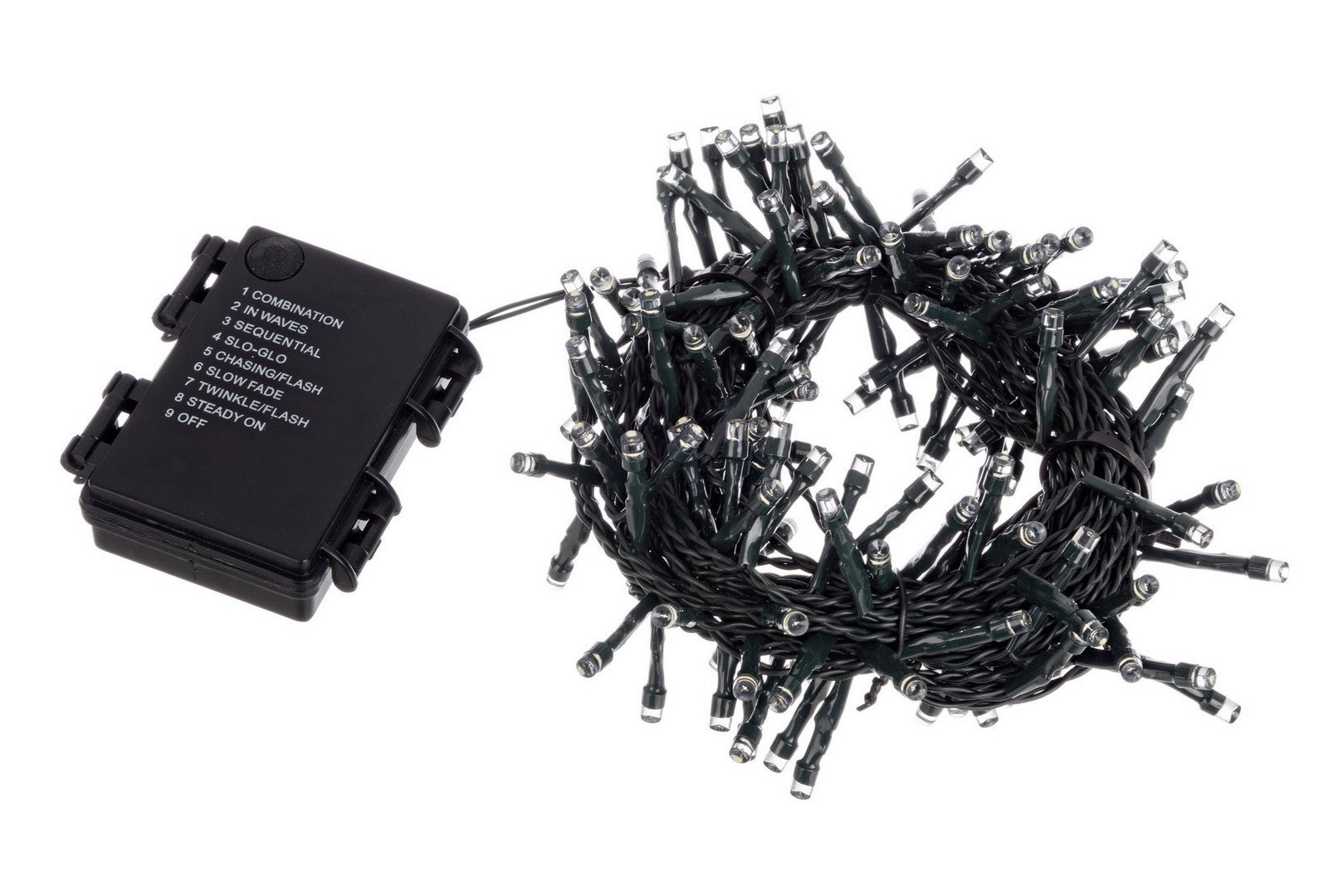 Cordão de luzes LED com controlador preto e fios verdes