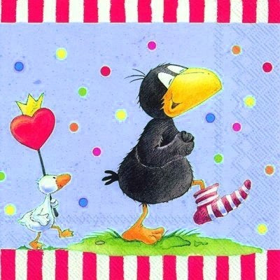 Guardanapo decorativo com pato, balão de coração e corvo com meia riscada