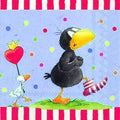 Guardanapo decorativo com pato, balão de coração e corvo com meia riscada