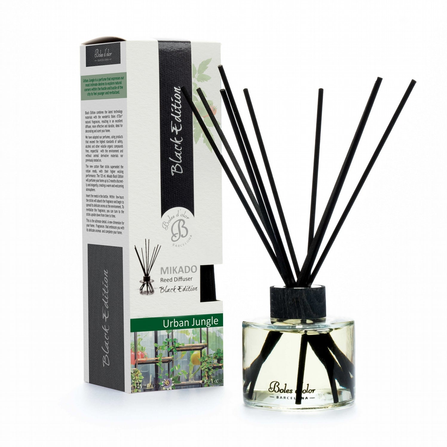 Difusor Mikado Black Edition Urban Jungle com varetas pretas e embalagem