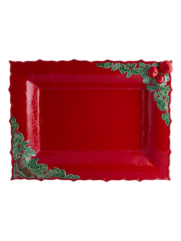 Prato retangular encarnado com decoração festiva colorida nos cantos