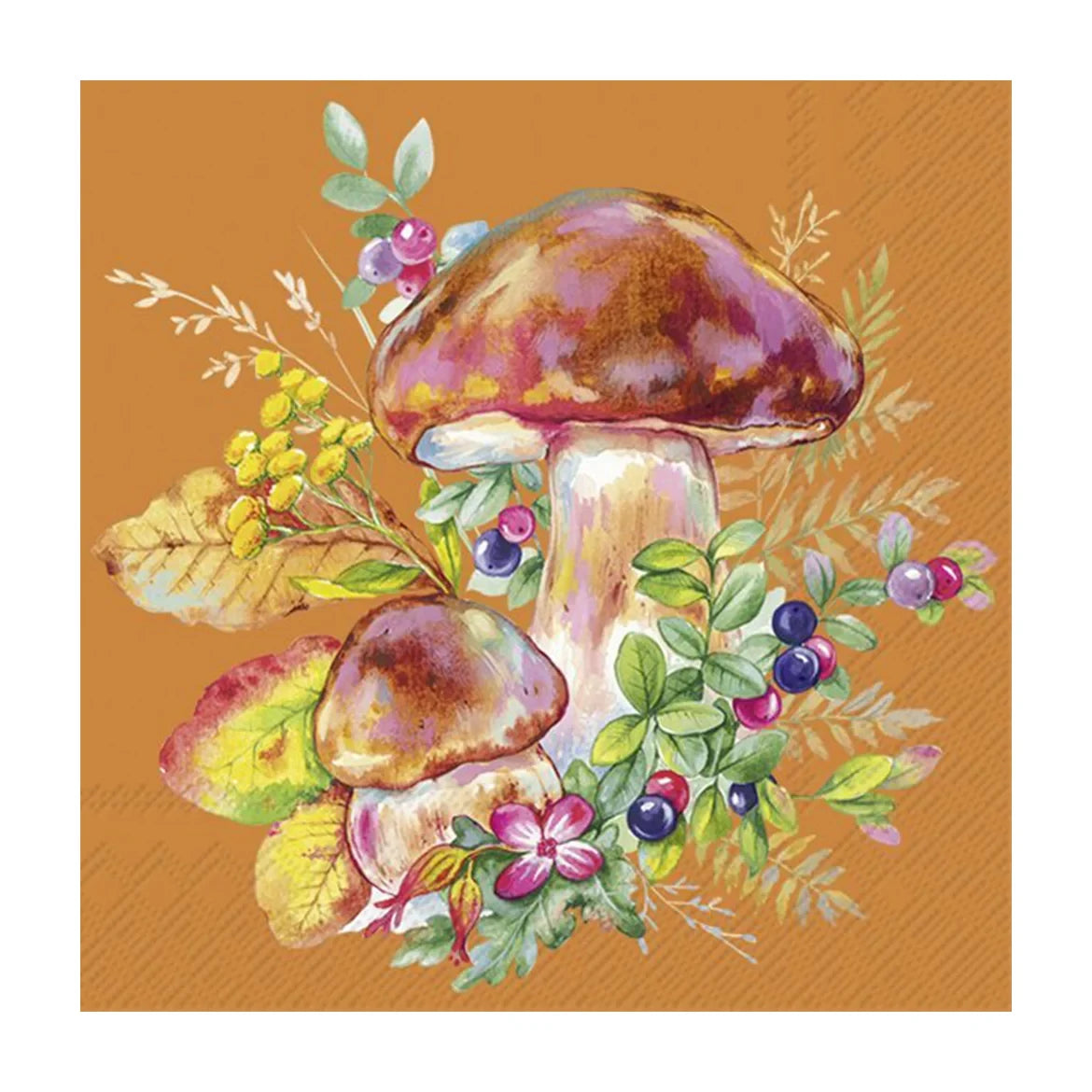 Guardanapo castanho com desenho de cogumelos e folhagens coloridas