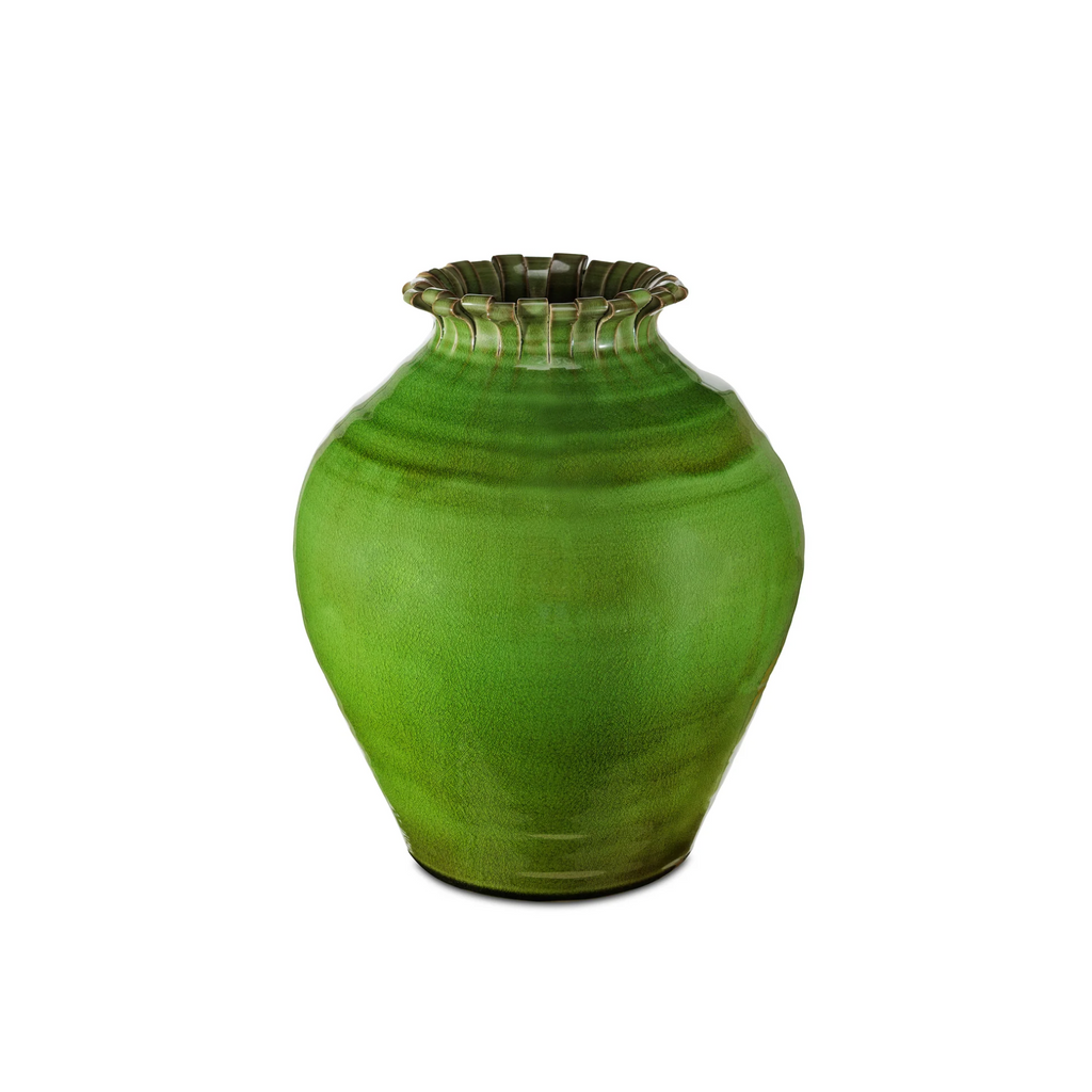 Vaso cerâmico verde com rebordo frisado