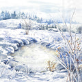 Paisagem de inverno com neve e riacho congelado numa pintura a aguarela