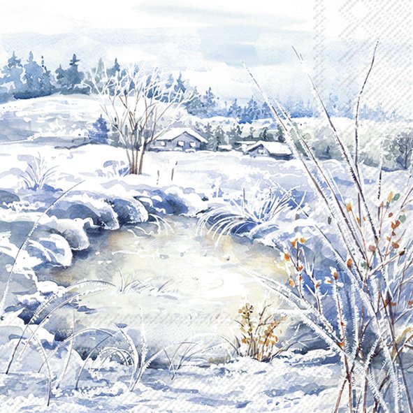 Paisagem de inverno com neve e riacho congelado numa pintura a aguarela