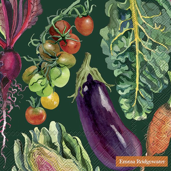 Ilustração de verduras e legumes variados com etiqueta Emma Ridgewater