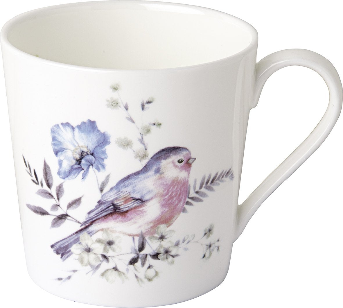 Caneca branca com desenho de pássaro e flores